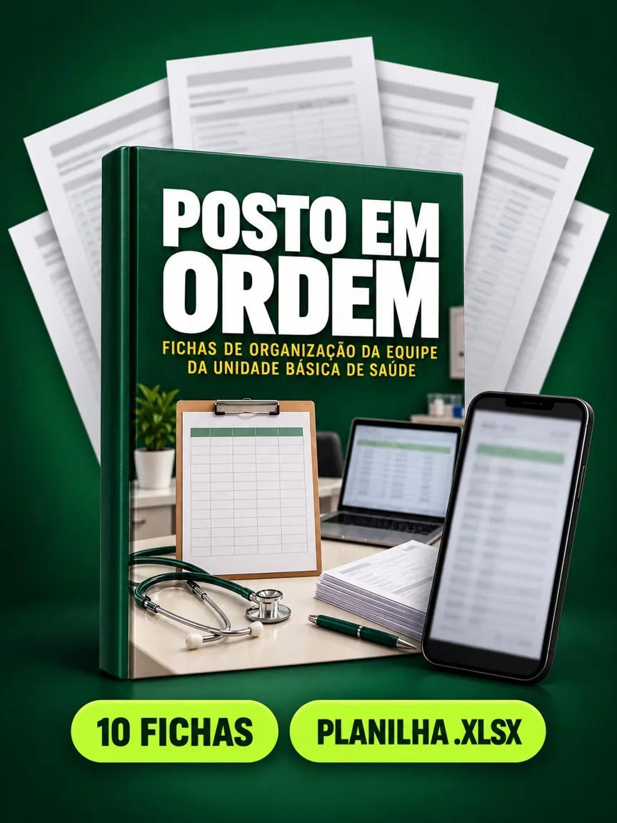 Montagem ilustrativa do Posto em Ordem: livro com a capa, páginas do material e celular